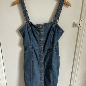 H&M Dark Blue Denim Button-Front Overall Dress